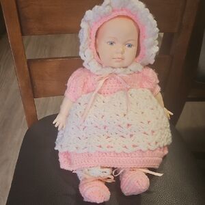 Pink and White Baby Doll with Crochet Outfit